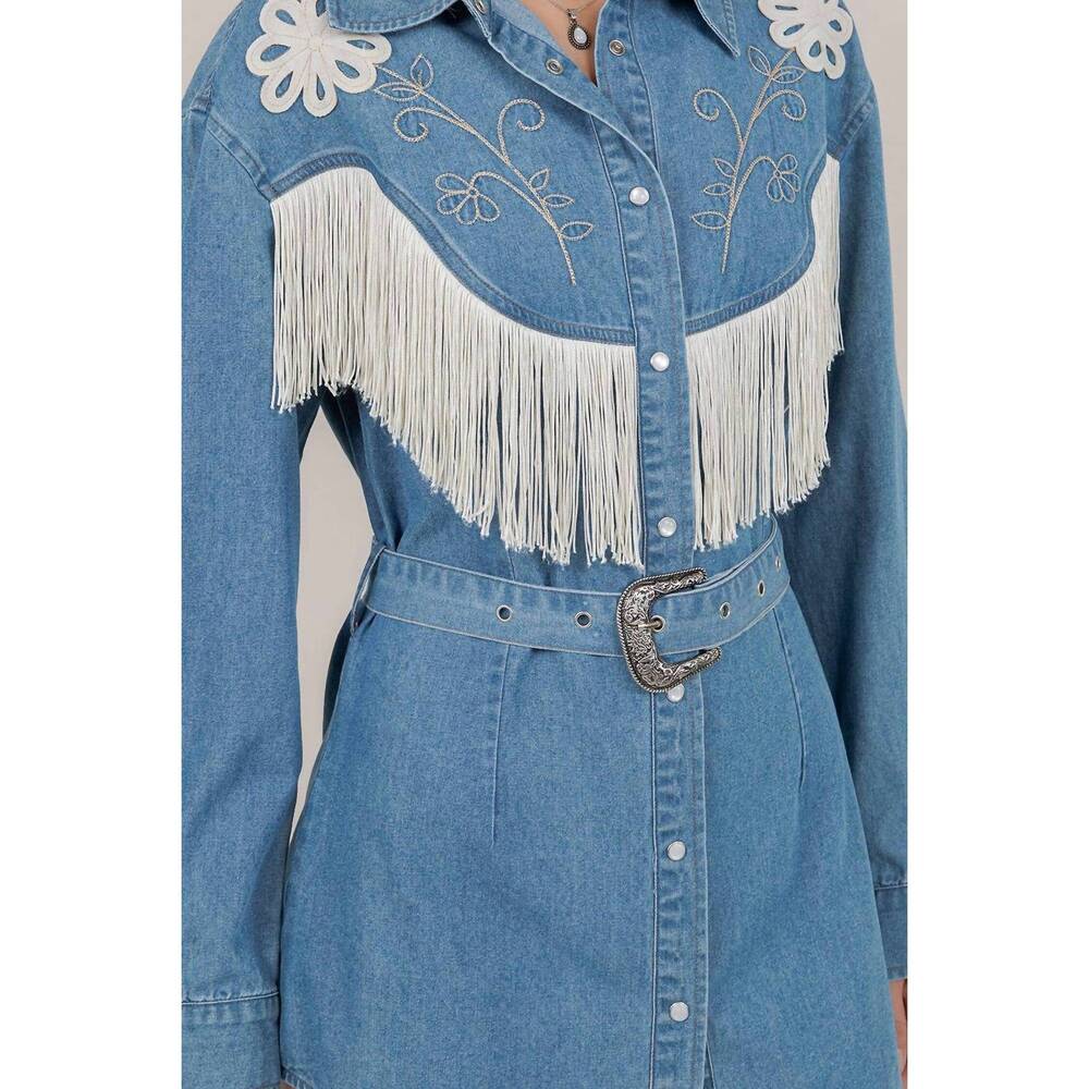 NEW SAINTS & HEARTS embroidery detail fringe denim dress in medium wash - Picture 4 of 4
